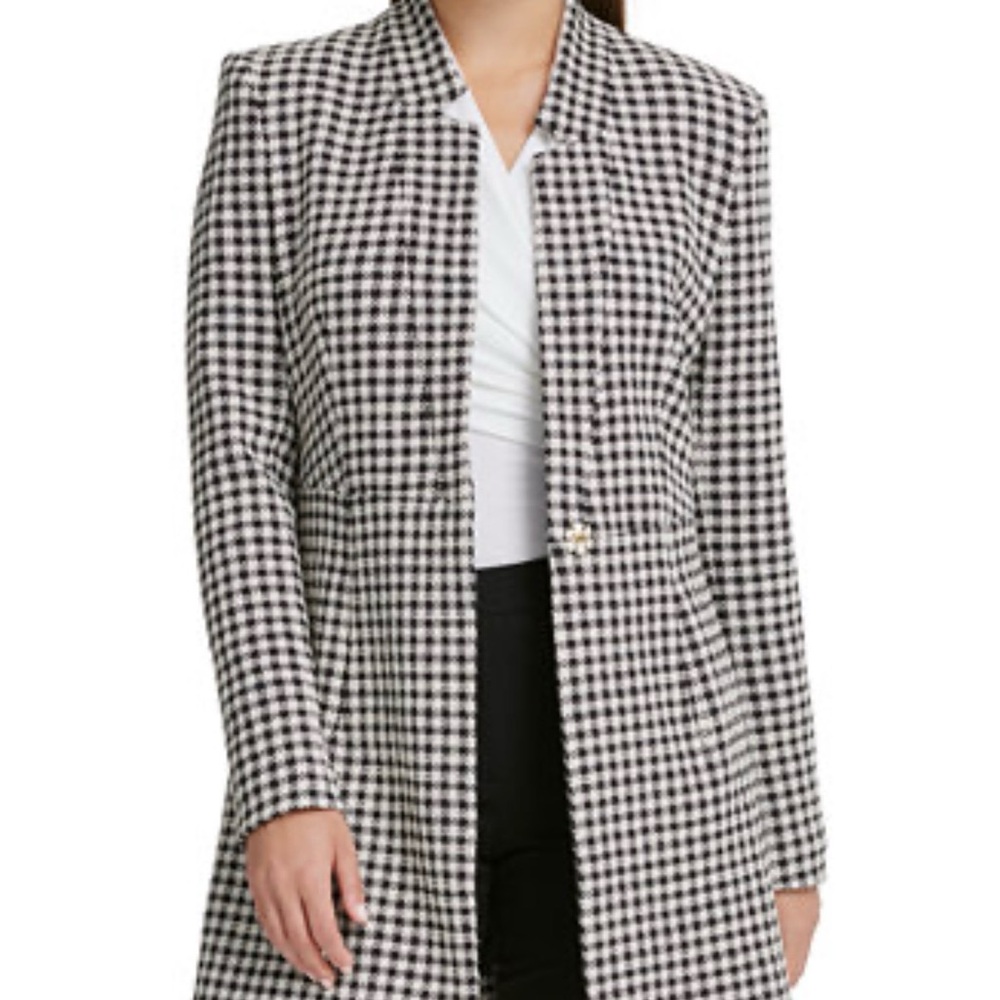 DKNY Black & White Houndstooth Long Blazer